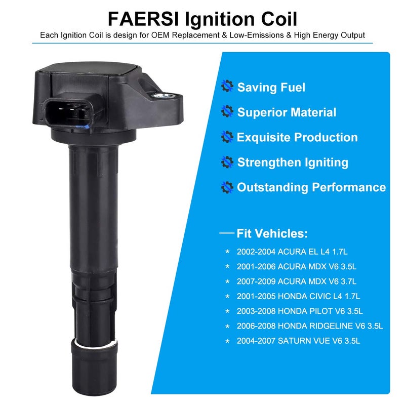 FAERSI Ignition Coil Pack of 6 Replacement for Honda Pilot, Acura MDX 2001 2002 2003 2004 2005 2006, Sature Vue Ridgeline V6 3.5L L4 1.7L 3.5L UF-400 C1460 UF-512 - Image 2